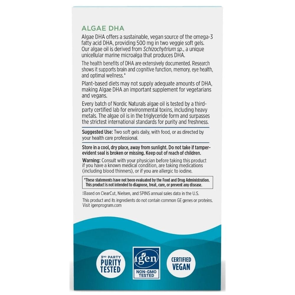 Nordic Naturals Algae DHA (Omega-3 from Algae) 500 mg - 60 Capsules