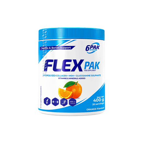 6PAK Flex Pak, Hydrolyzed Collagen + MSM + Glucosamine Sulphate, Orange Flavour - 400 g